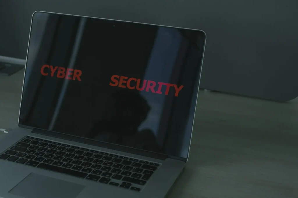 Laptop screen showing the words Cyber Security