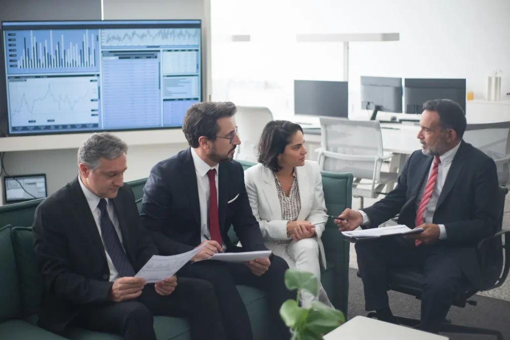 Financial team in a meeting with market screens behind them