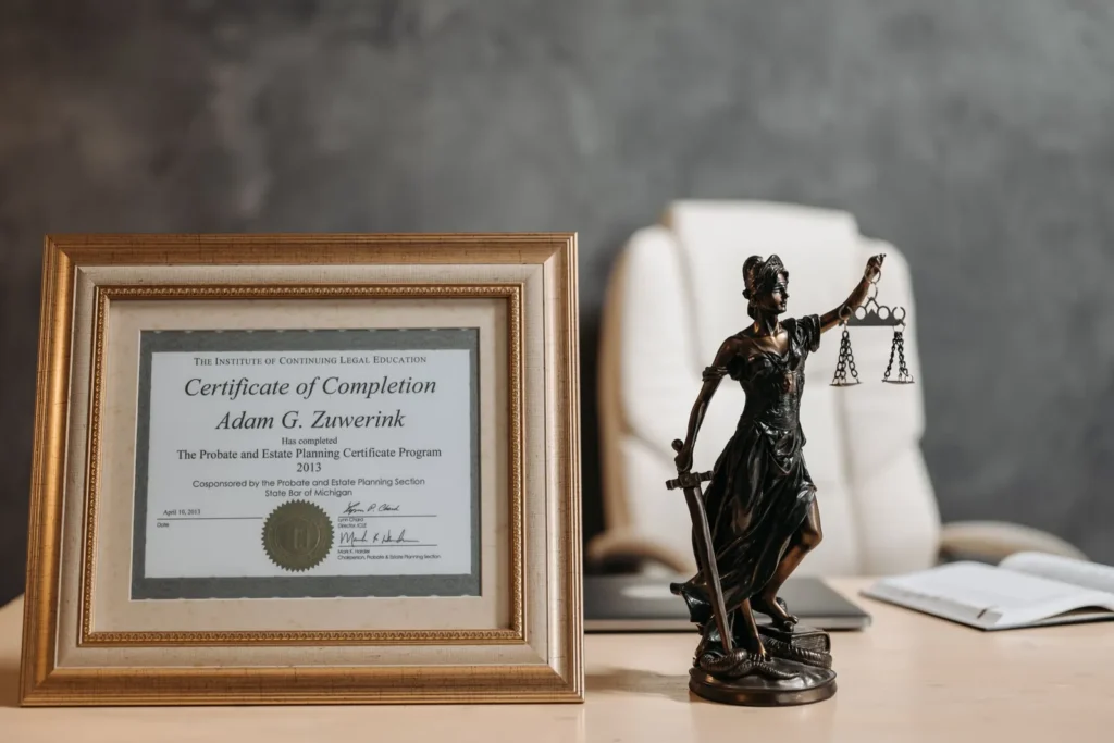 Framed certificate beside a Lady Justice statue on a desk